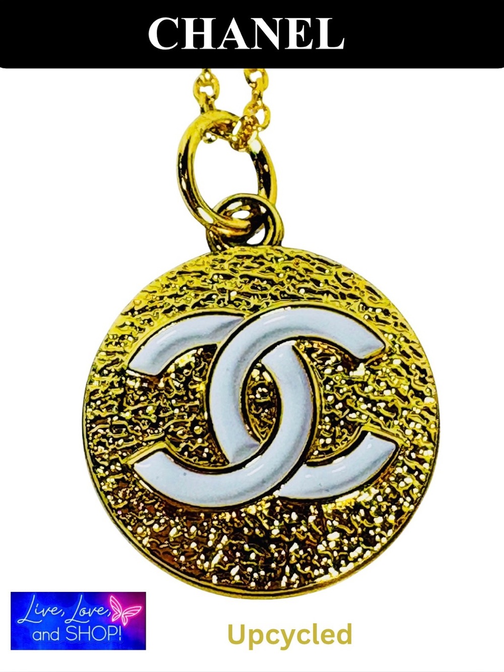 CHANEL White & Gold CC Zipper Pull Tag w/Stamp Upcylced w/Necklace,EUC